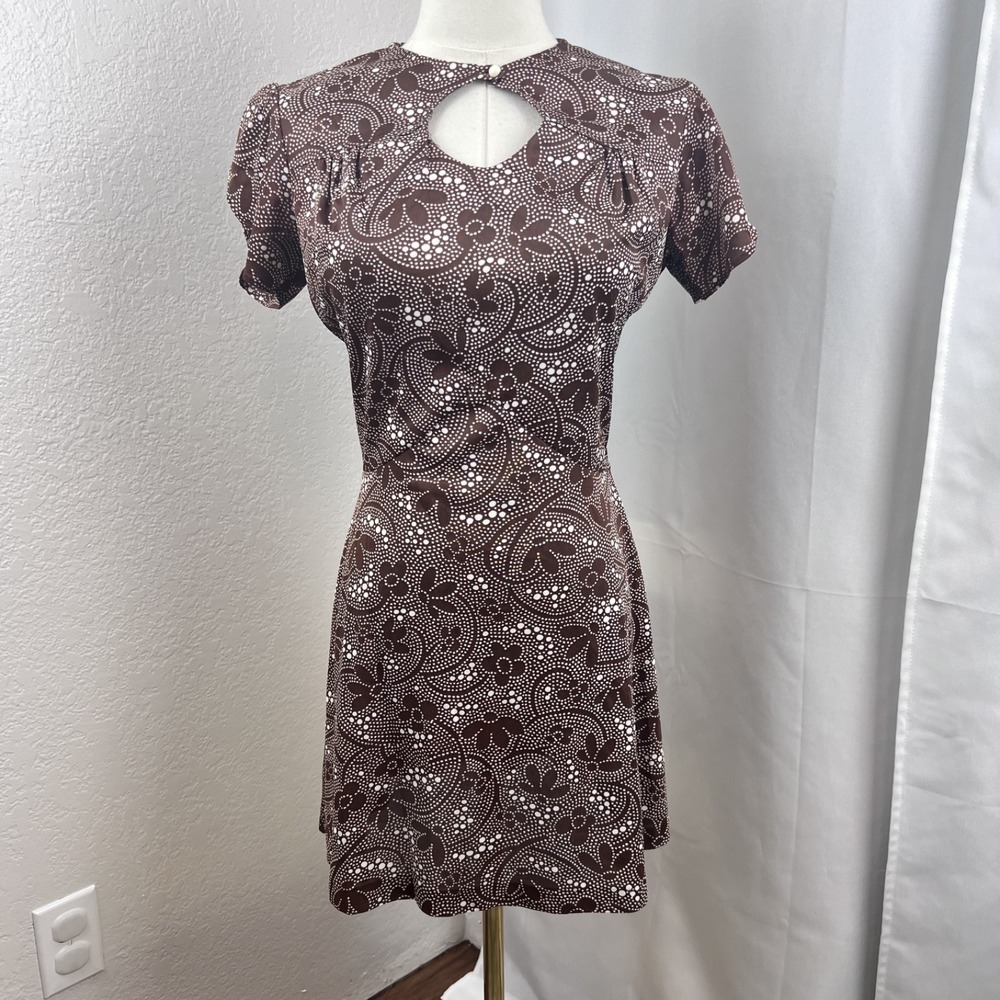 Vintage 60s 70s The Now Generation Mini Dress Size 9 Brown Floral Mod Disco